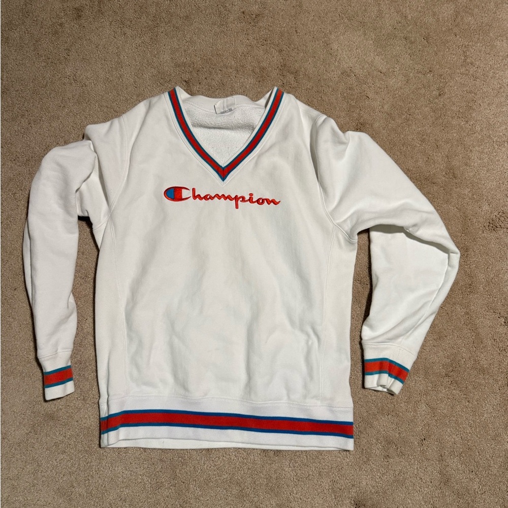 Champion White V-Neck Pullover with Red and Blue Trim